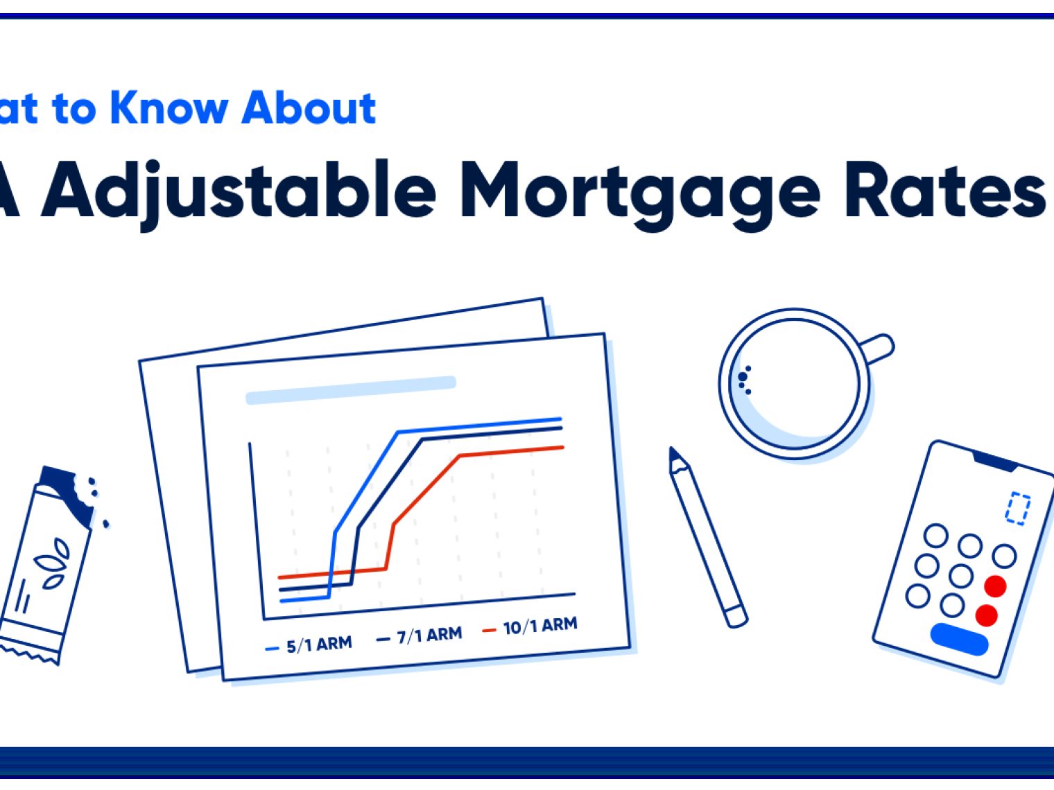 Illustration of adjustable-rate mortgage charts surrounded by various desk items.